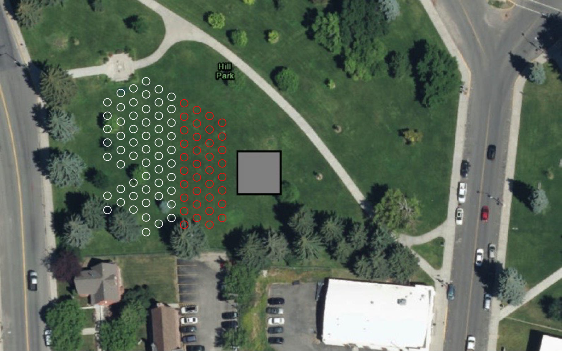 A drawing shows seating that accommodates social distancing standards. for the Hill Park outdoor stage.